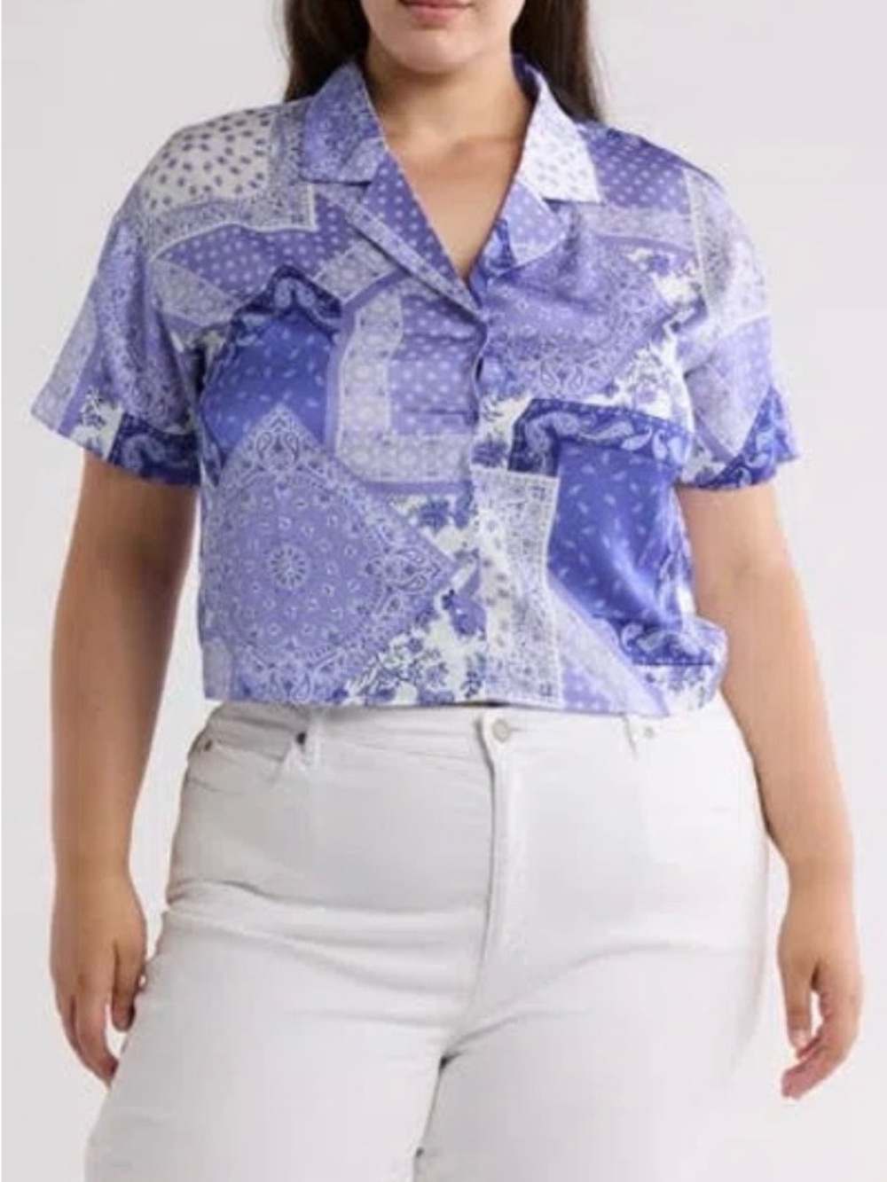 Pleione Lavender Patchwork Short-Sleeve Button-Down Top